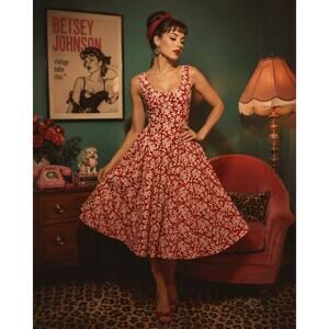 Betsey Johnson Red White Embroidered Floral Fit & Flare Dress Retro Pinup
